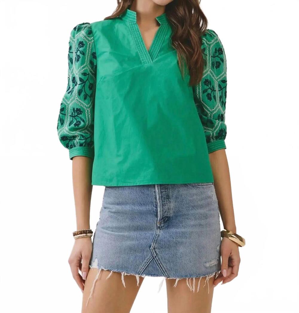 NEW TCEC embroidery detail sleeve top in green